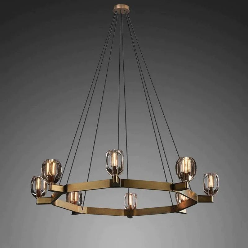 Patinated Solid Brass Chandelier with Lead Crystal Shades