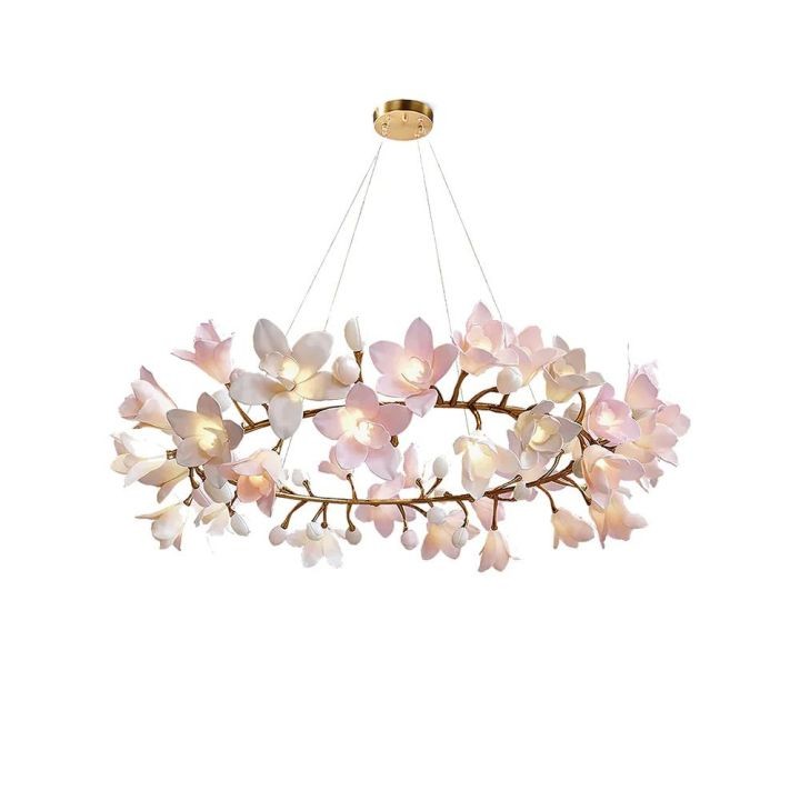 Pink Ceramic Blossom Cluster Brass Chandelier
