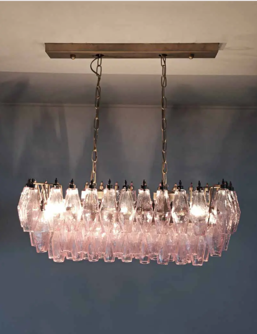Pink Faceted Glass Cluster Chandelier with Matte Gold Frame