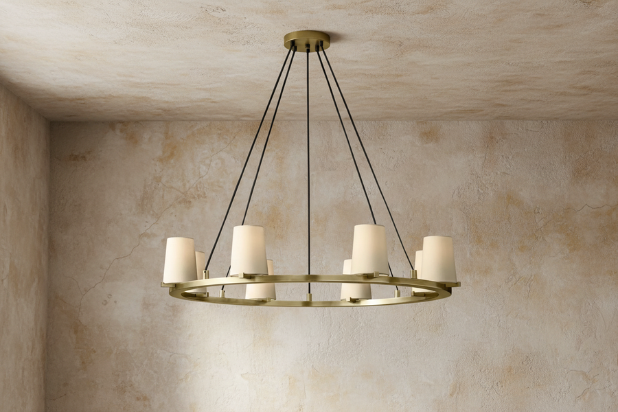 Plain Brass Ring Chandelier with Tapered Linen Shades