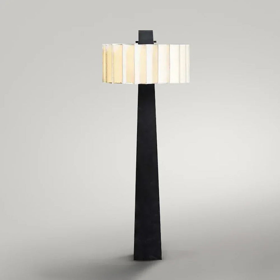 Pleated Alabaster Drum Shade Black Iron Floor Lamp