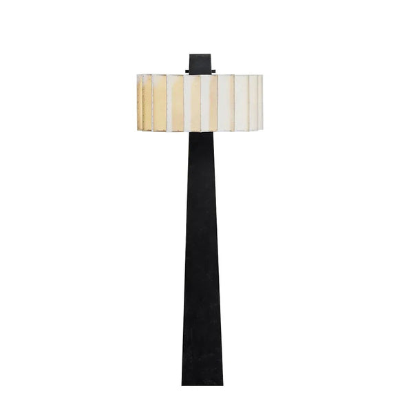 Pleated Alabaster Drum Shade Black Iron Floor Lamp