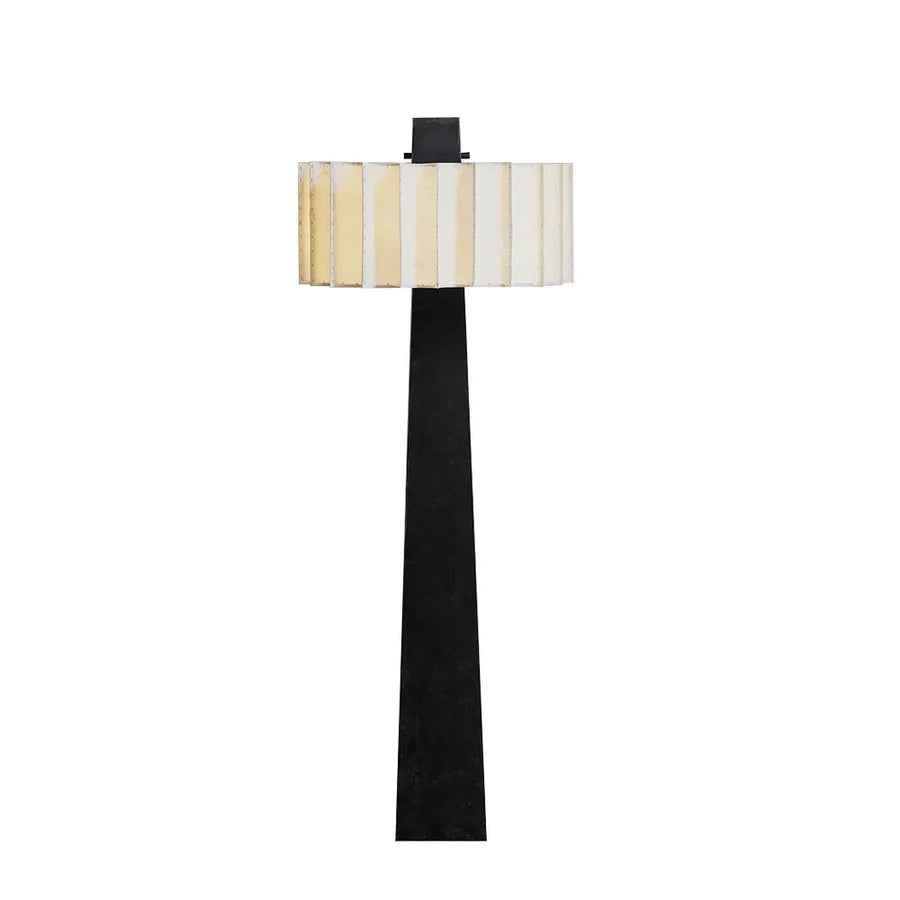 Pleated Alabaster Drum Shade Black Iron Floor Lamp