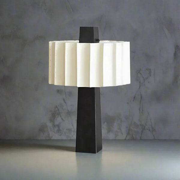 Pleated Alabaster Drum Shade Black Metal Table Lamp