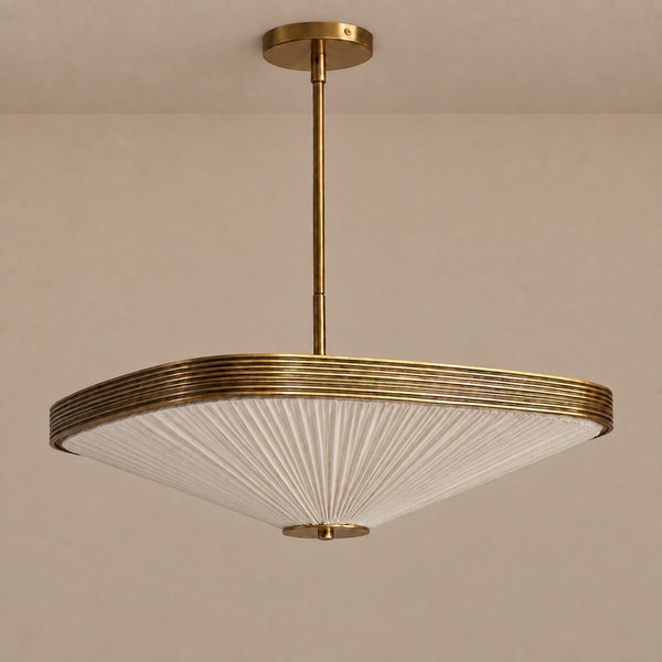 Pleated Fabric Drum Chandelier with Aged Brass Bands