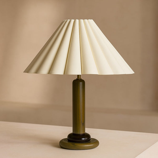 Pleated Ivory Shade Olive Stained Wood Table Lamp