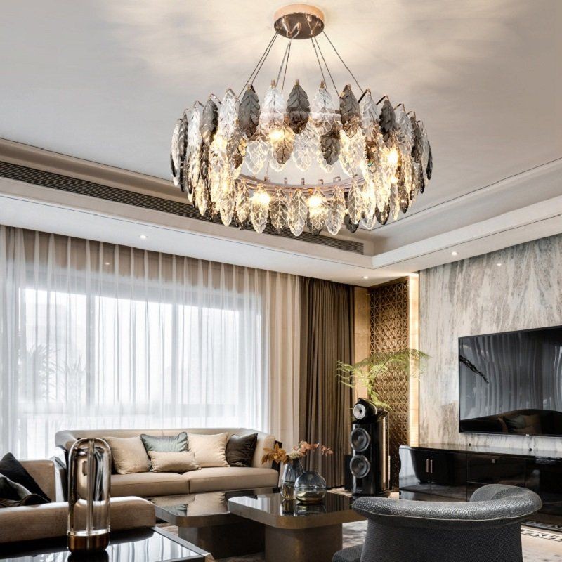 Polished Steel Leaf Ring Crystal Chandelier