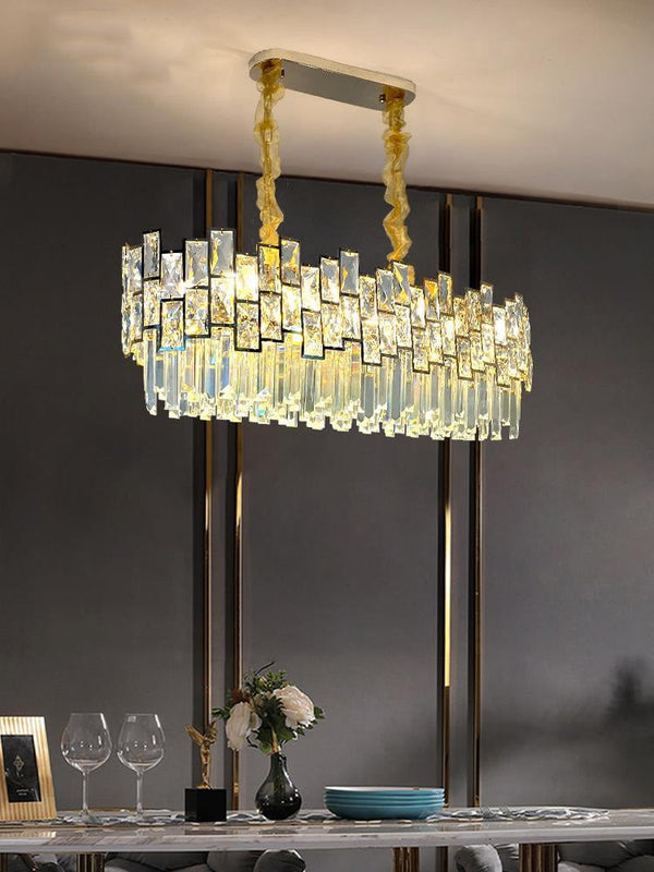 Polished Steel Linear Crystal Chandelier with Gold or Black Finish
