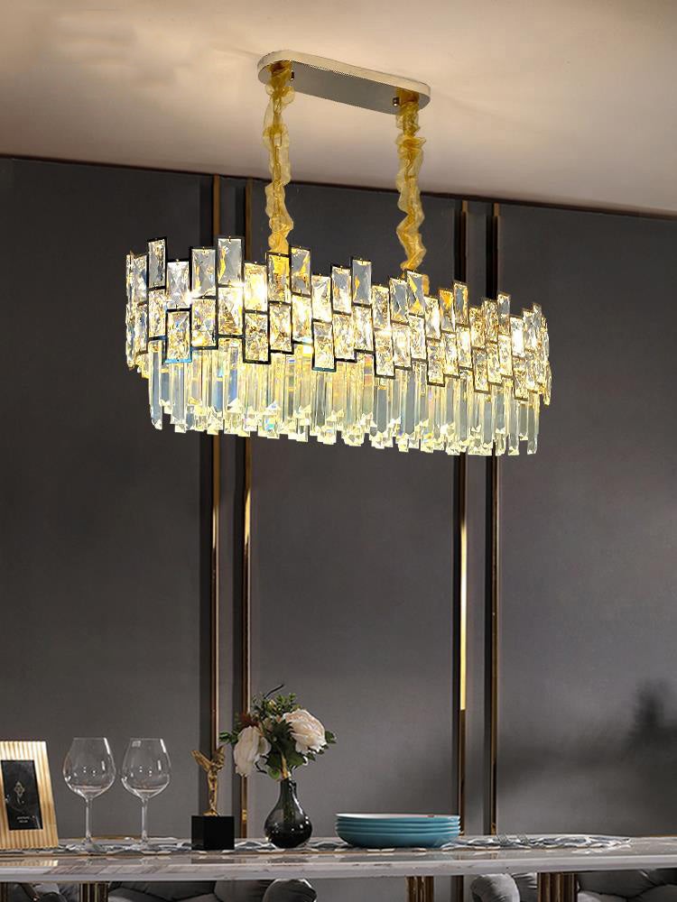 Polished Steel Linear Crystal Chandelier with Gold or Black Finish