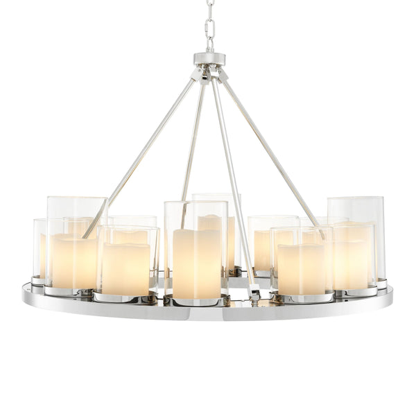 Polished Steel Ring Chandelier with Glass Hurricane Lanterns
