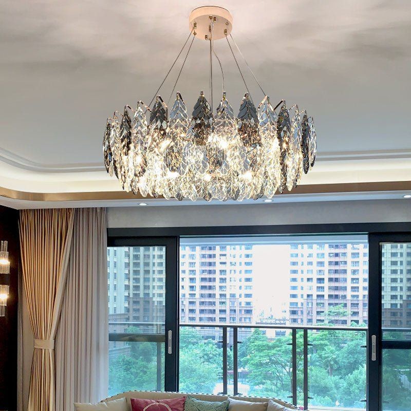 Polished Steel Ring Crystal Leaf Chandelier