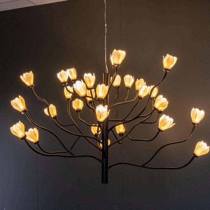 Porcelain Magnolia Blossom Cluster Chandelier with Black Frame