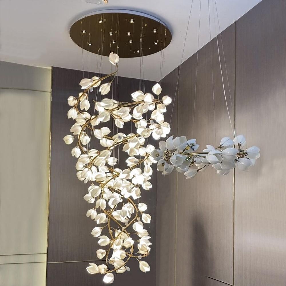 Porcelain Magnolia Blossom Spiral Branch Chandelier