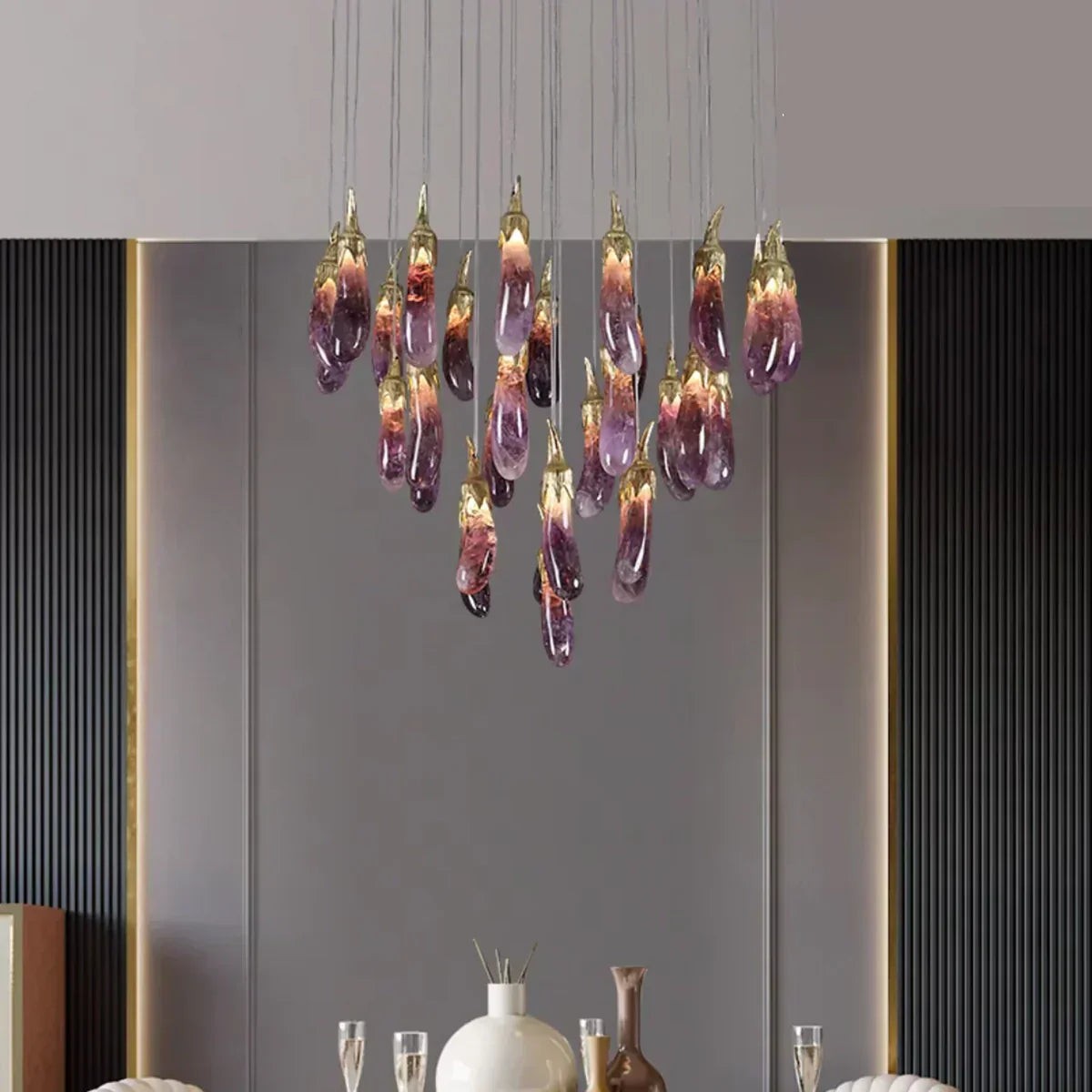 Purple Crystal Glass Bubble Chandelier with Brass