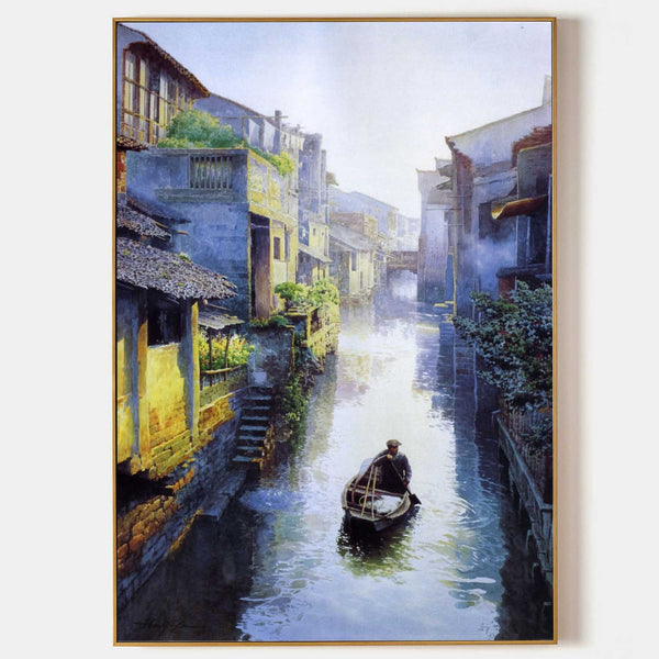 Quiet Canal Boatman in Morning Mist