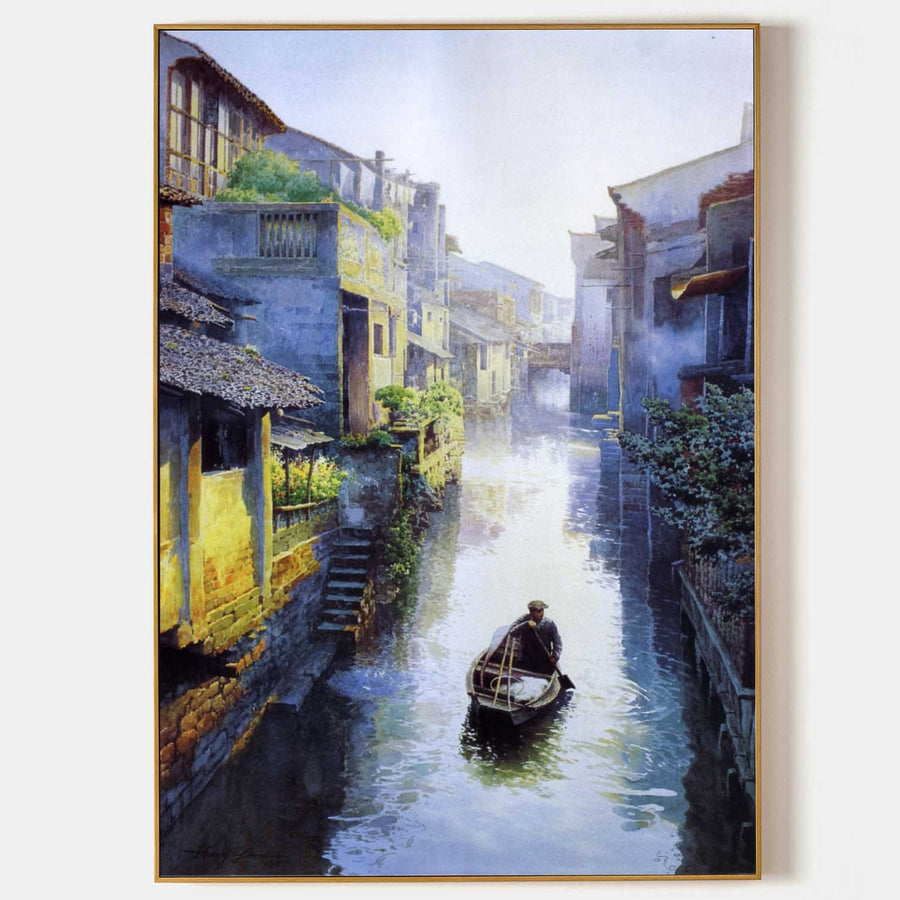 Quiet Canal Boatman in Morning Mist