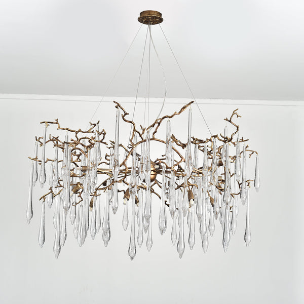 Radiating Brass Branch Chandelier with Glass Teardrops