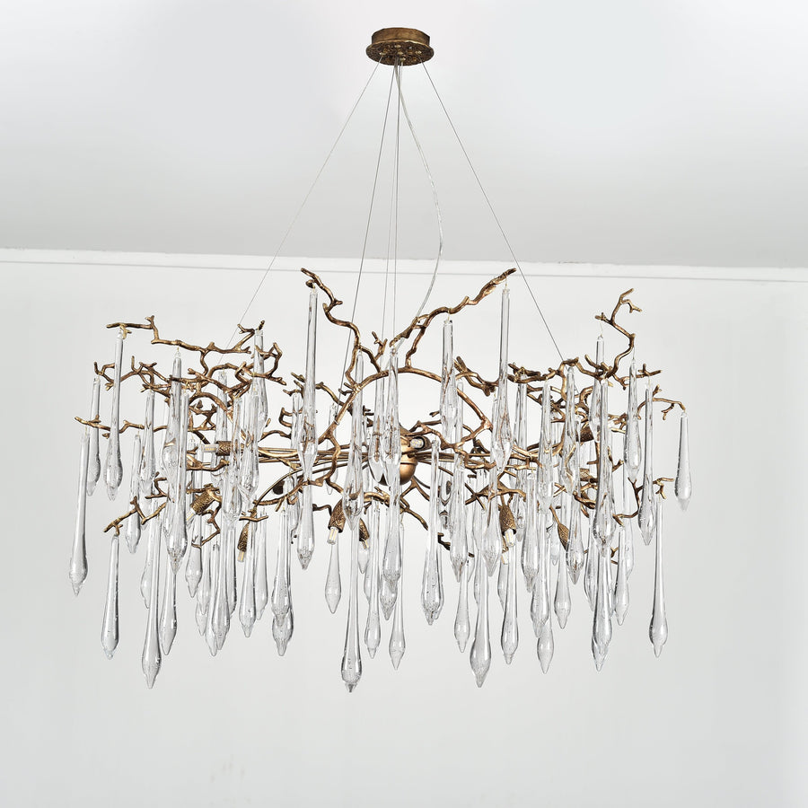 Radiating Brass Branch Chandelier with Glass Teardrops