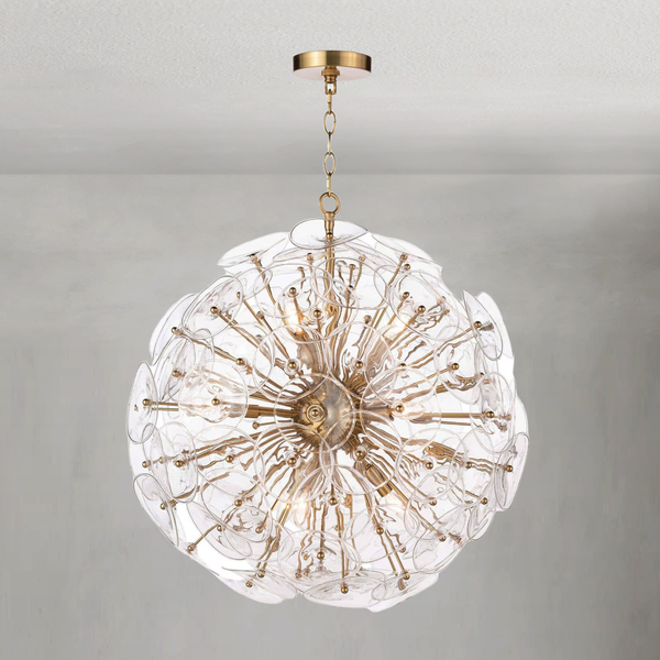 Radiating Brass Rod Sputnik Chandelier with Rippled Glass