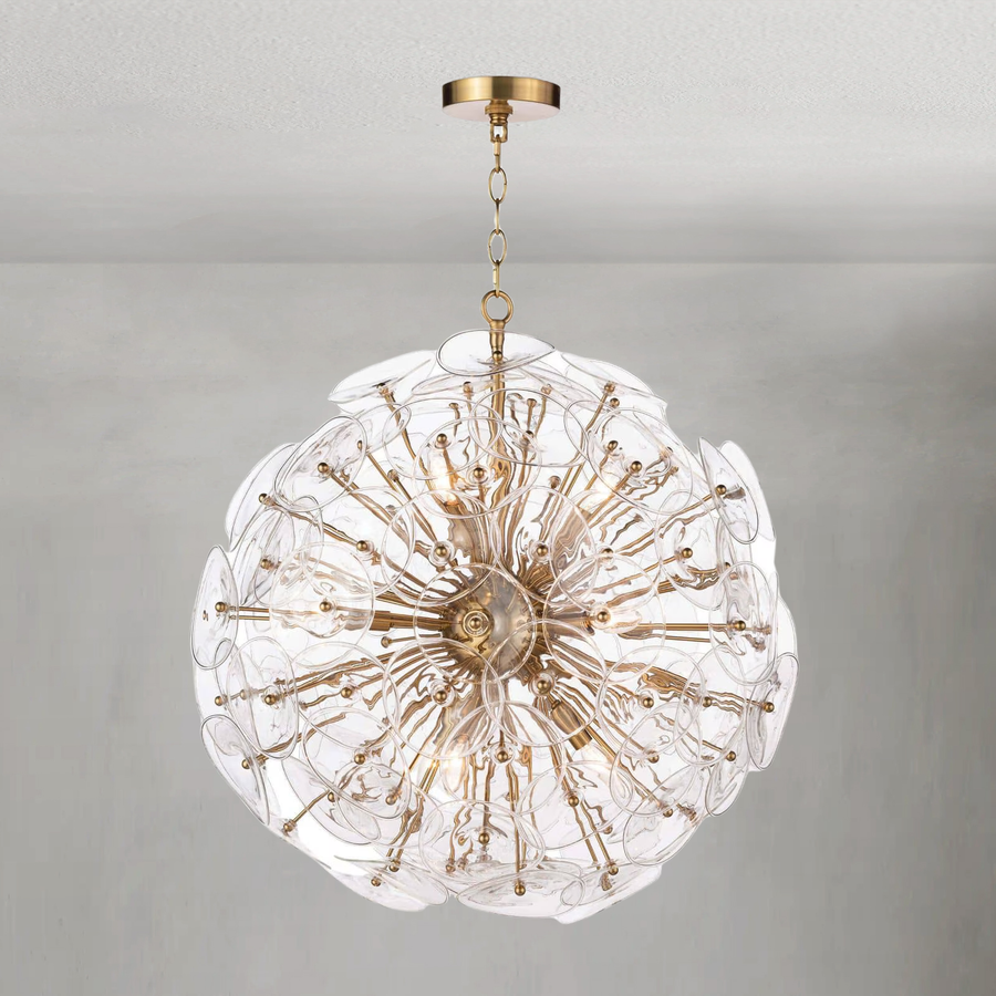 Radiating Brass Rod Sputnik Chandelier with Rippled Glass