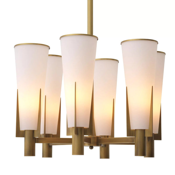 Radiating Cone White Glass and Brass Chandelier