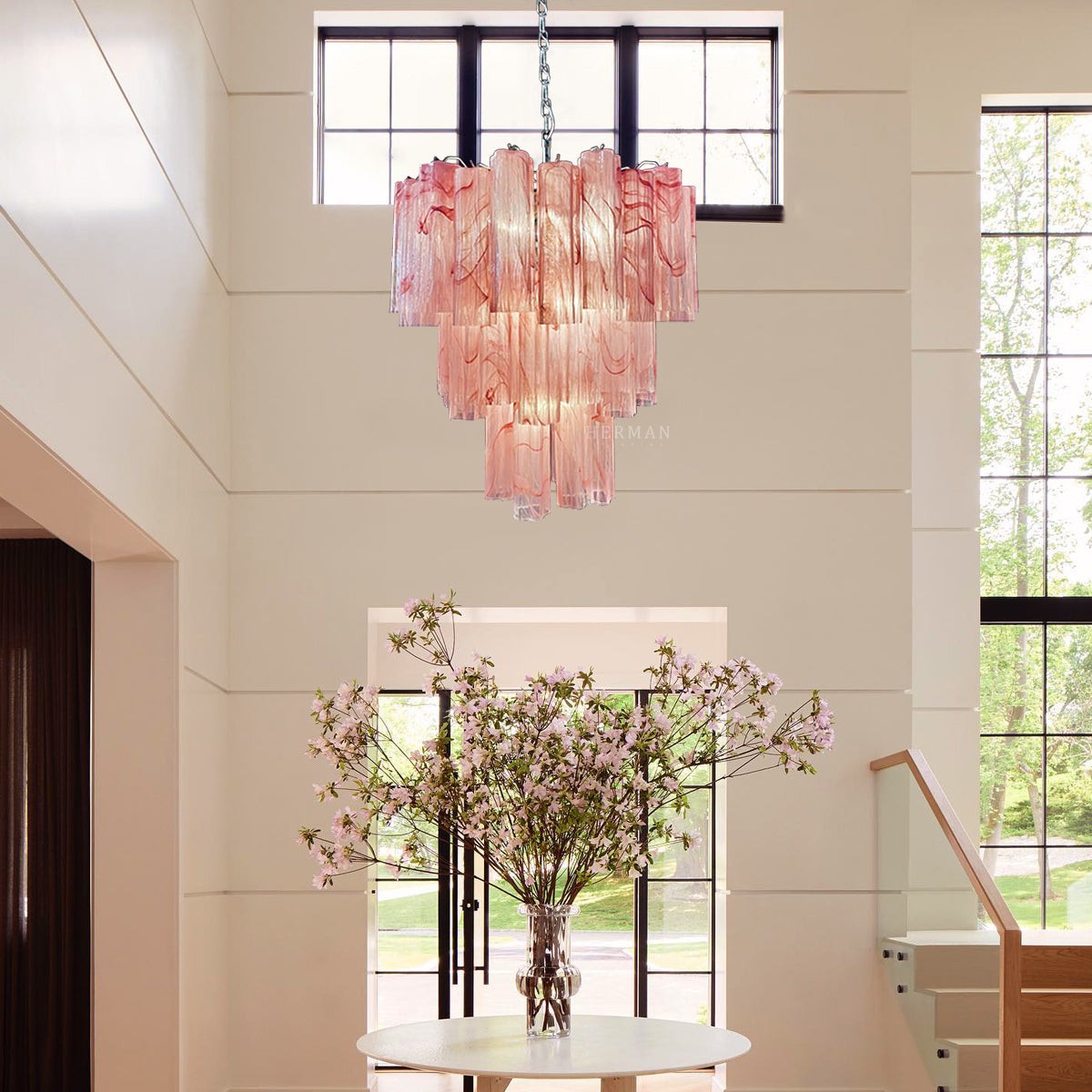 Radiating Pink Alabaster Glass Tube Chandelier
