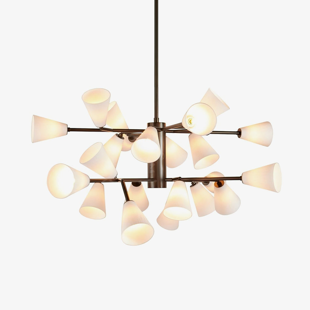 Radiating White Glass Cone Bronze Chandelier