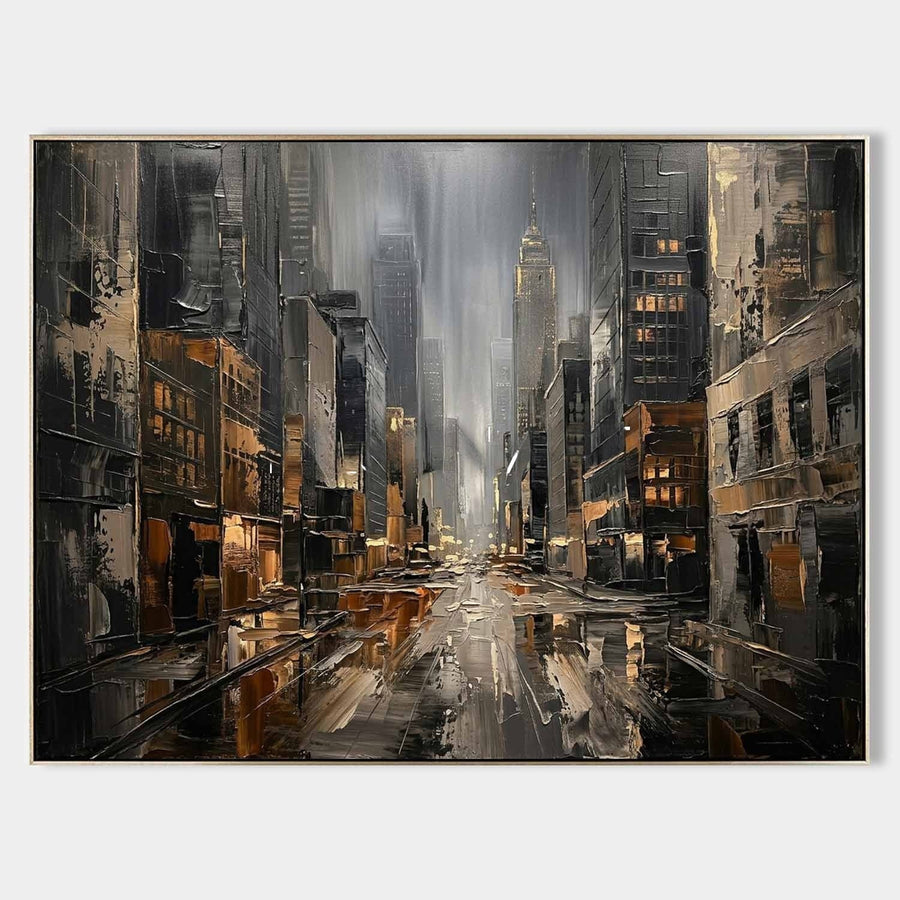 Rain-Soaked City Avenue in Amber