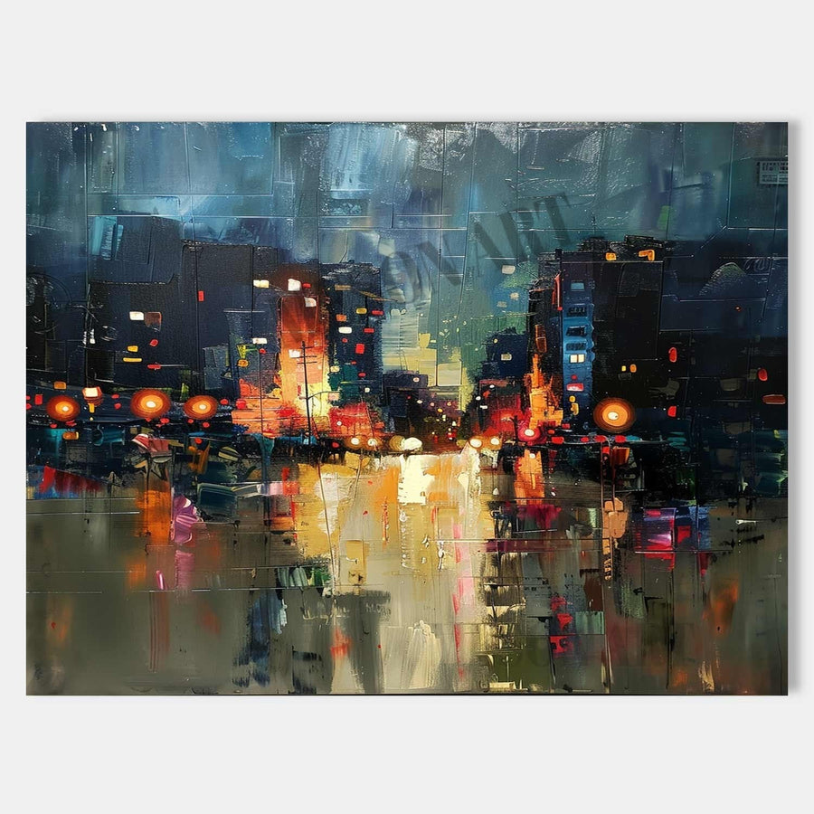 Rain-Soaked City Lights at Night