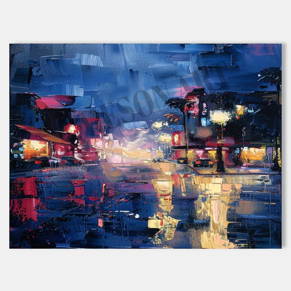 Rain-Soaked City Street at Night
