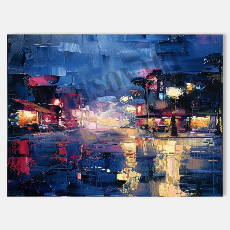 Rain-Soaked City Street at Night