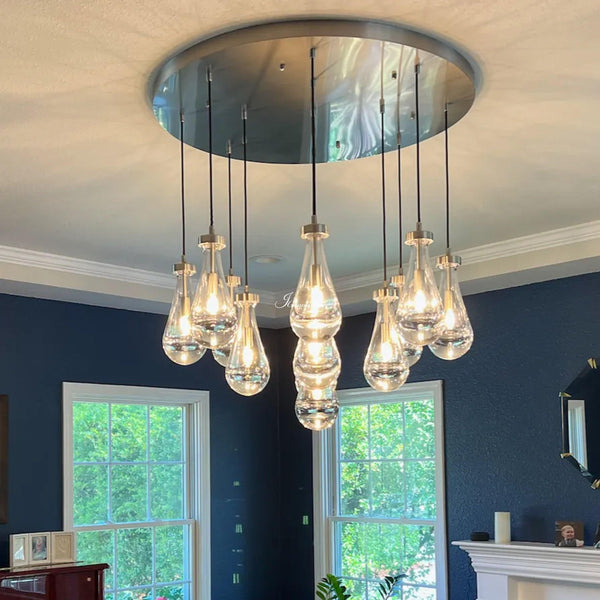 Raindrop Glass Cluster Chandelier with Brass Canopy
