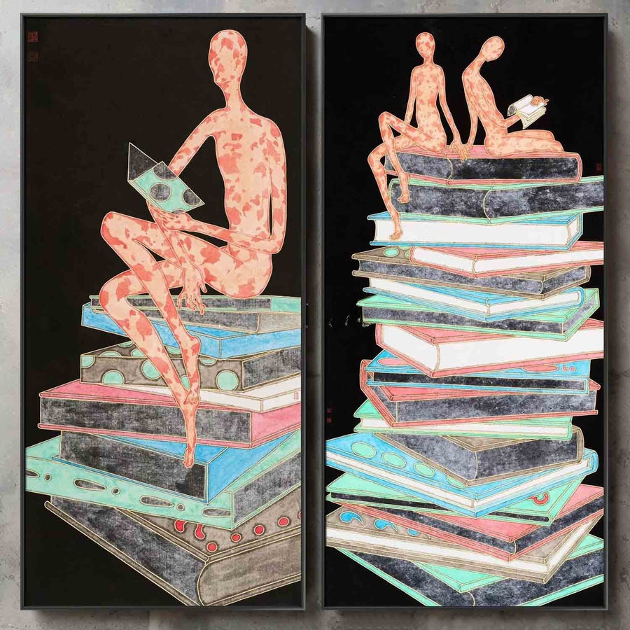 Readers Perched on Towering Books