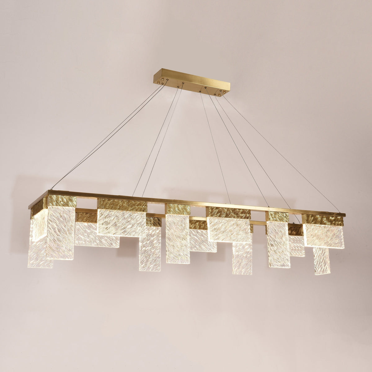 Rectangular Brass Frame Chandelier with Clear Crystal