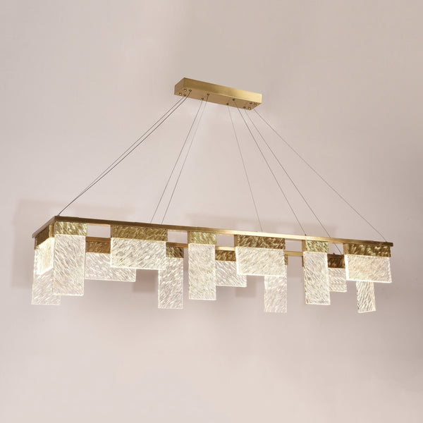 Rectangular Brass Frame Chandelier with Clear Crystal