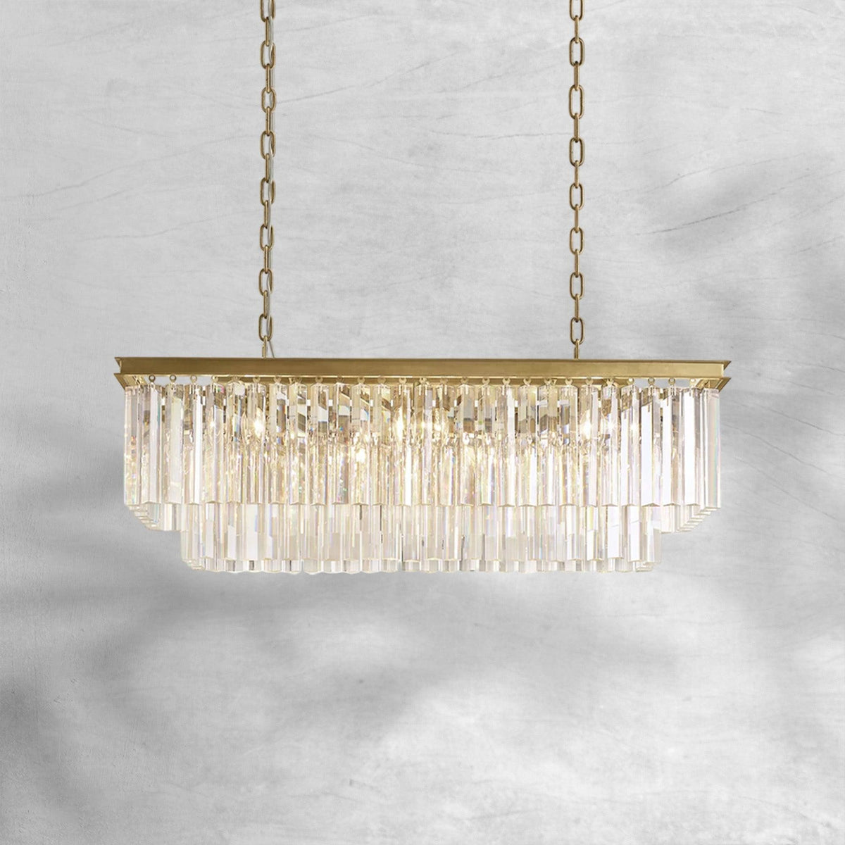 Rectangular Iron and Crystal Prism Linear Chandelier