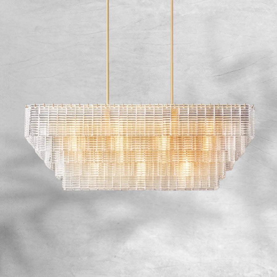 Rectangular Textured Cast Glass and Brass Linear Chandelier