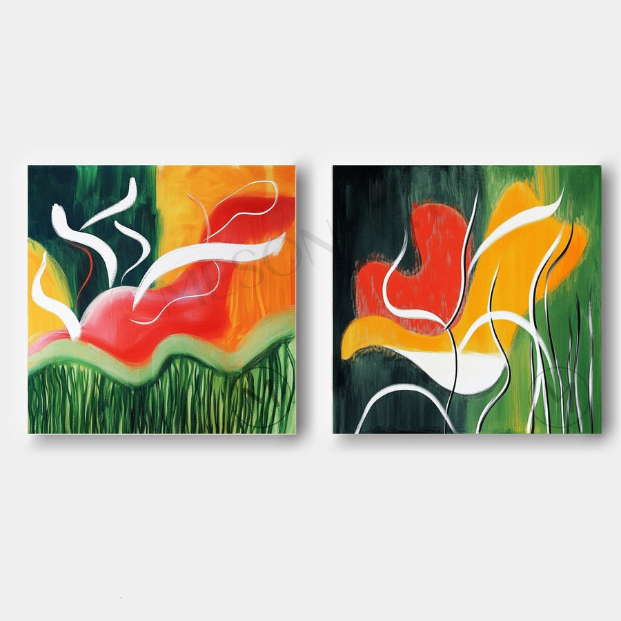 Red Bloom and Green Meadow Pair