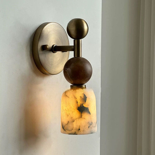 Red Marble Sphere and Alabaster Cup Wall Sconce