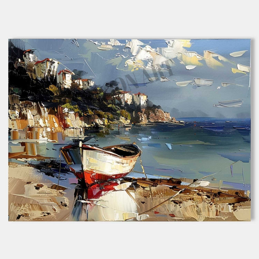 Red Rowboat on a Rocky Shore