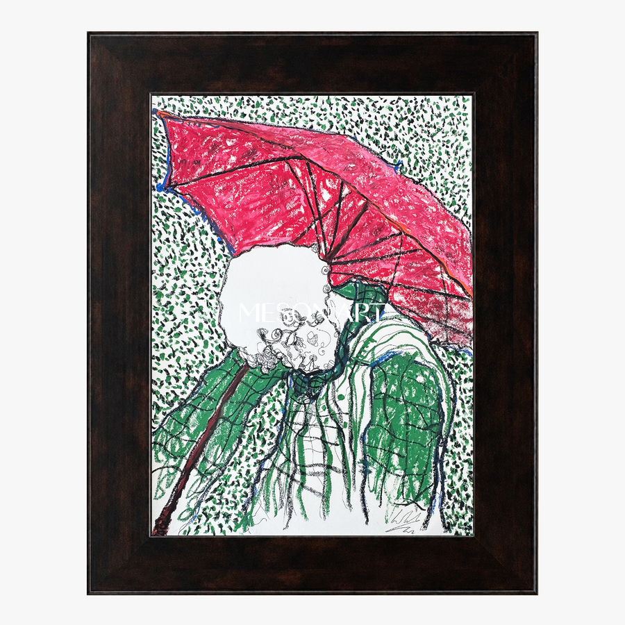 Red Umbrella in Green Rain