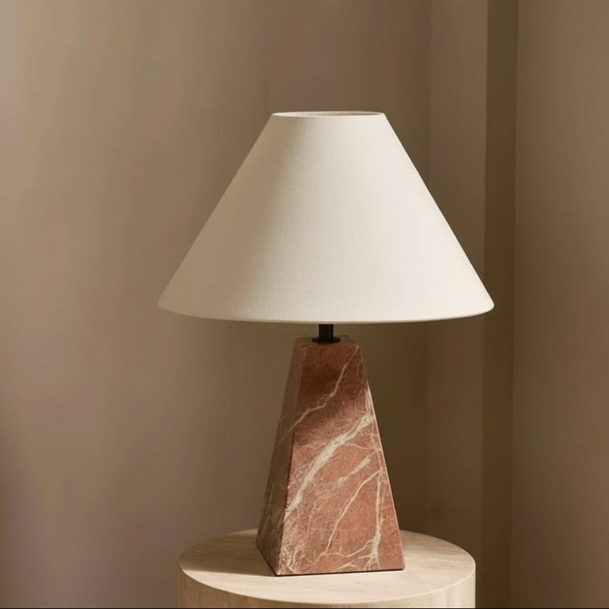 Red Veined Marble Table Lamp with Tapered Fabric Shade