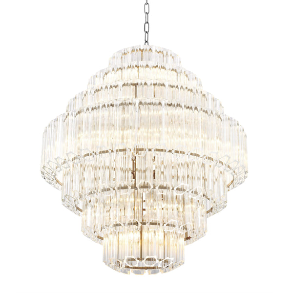 Ribbed Beveled Glass Tube Nickel Chandelier