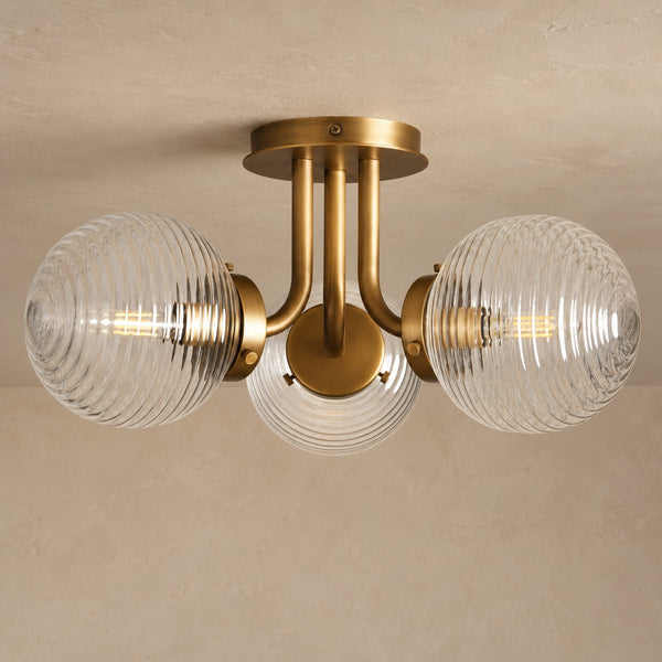 Ribbed Glass Globe Cluster Brass Flush Mount