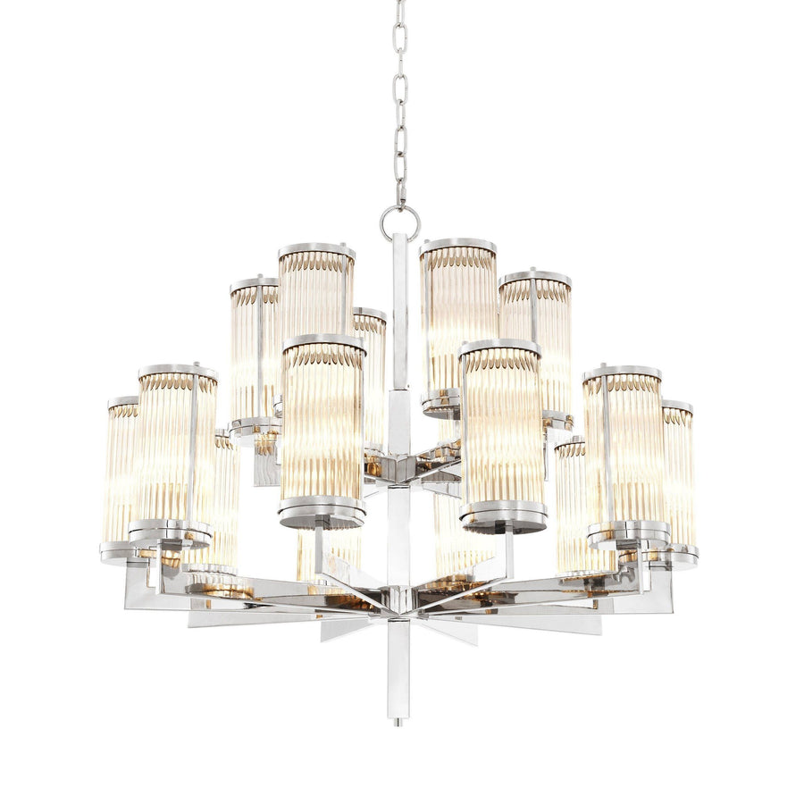 Ribbed Glass Shade Cluster Nickel Chandelier