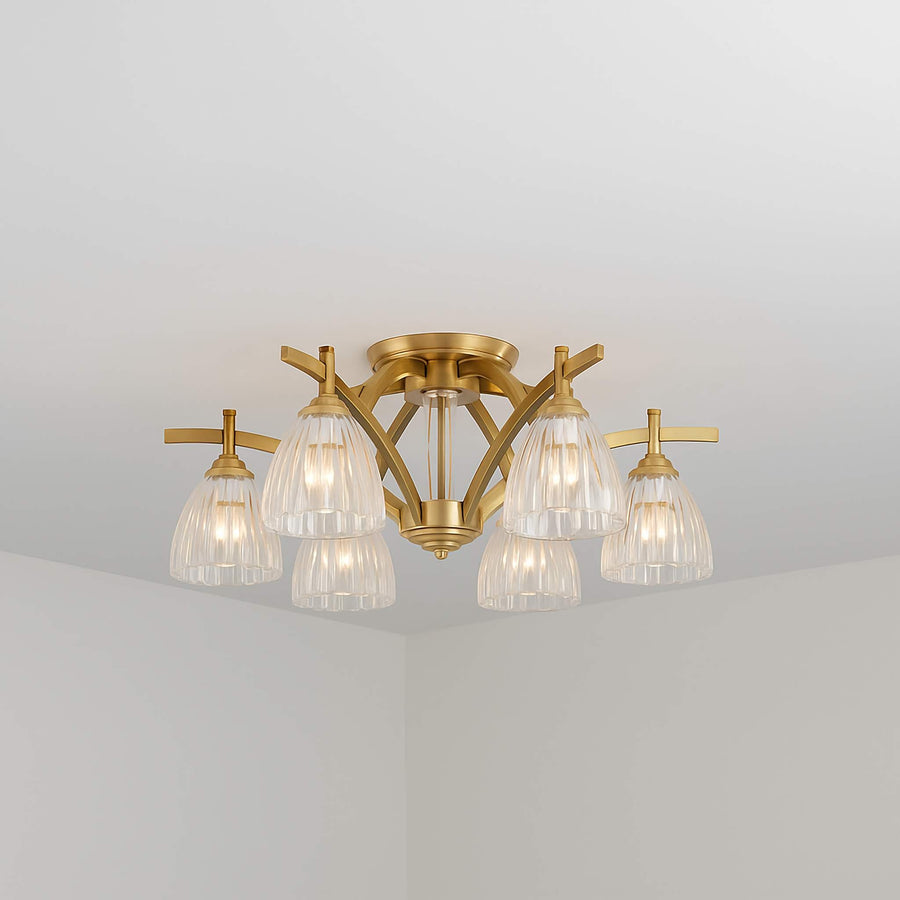 Ring of Fluted Glass and Brass Flush Mount