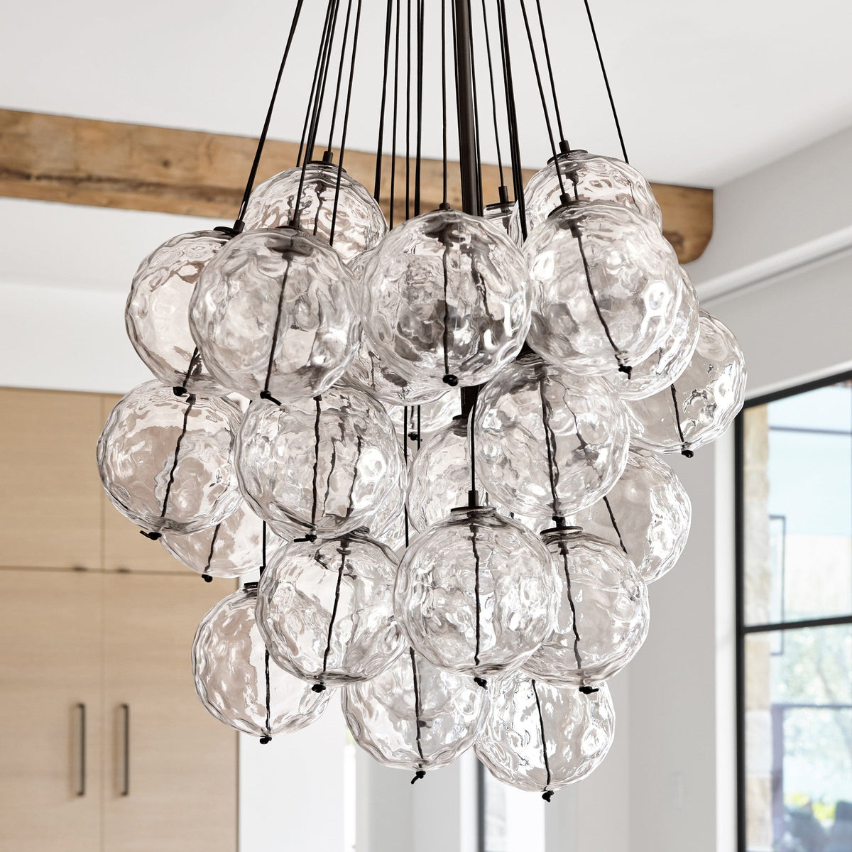 Rippled Glass Sphere Cluster Leather Cord Chandelier