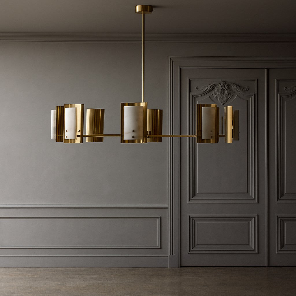 Round Alabaster Cylinder and Brass Blade Chandelier