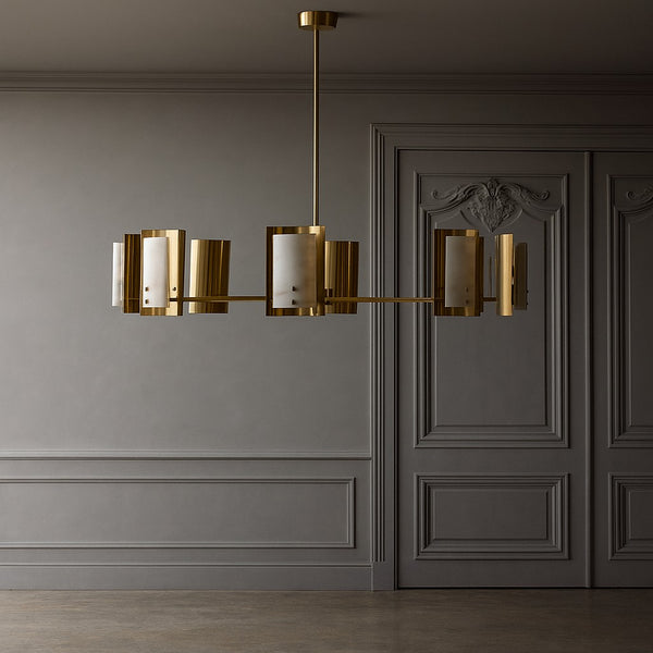 Round Alabaster Cylinder and Brass Blade Chandelier