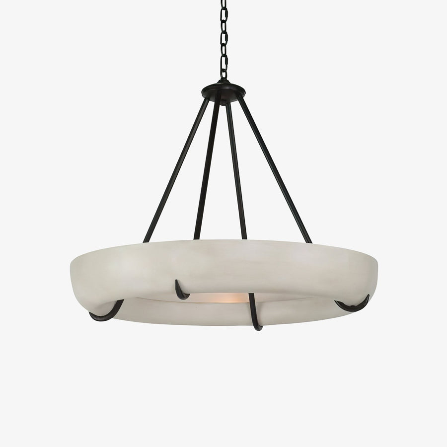 Round Alabaster Disc and Black Metal Rod Chandelier
